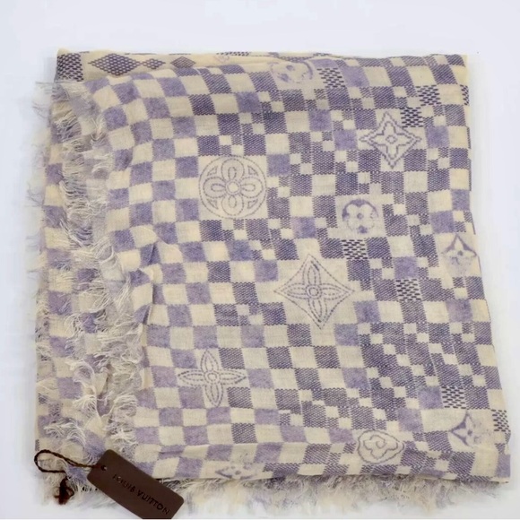 Auth Louis Vuitton Damier Azur Semi Sheer Cashmere / Silk Shawl Stole Wrap Scarf - Picture 1 of 16